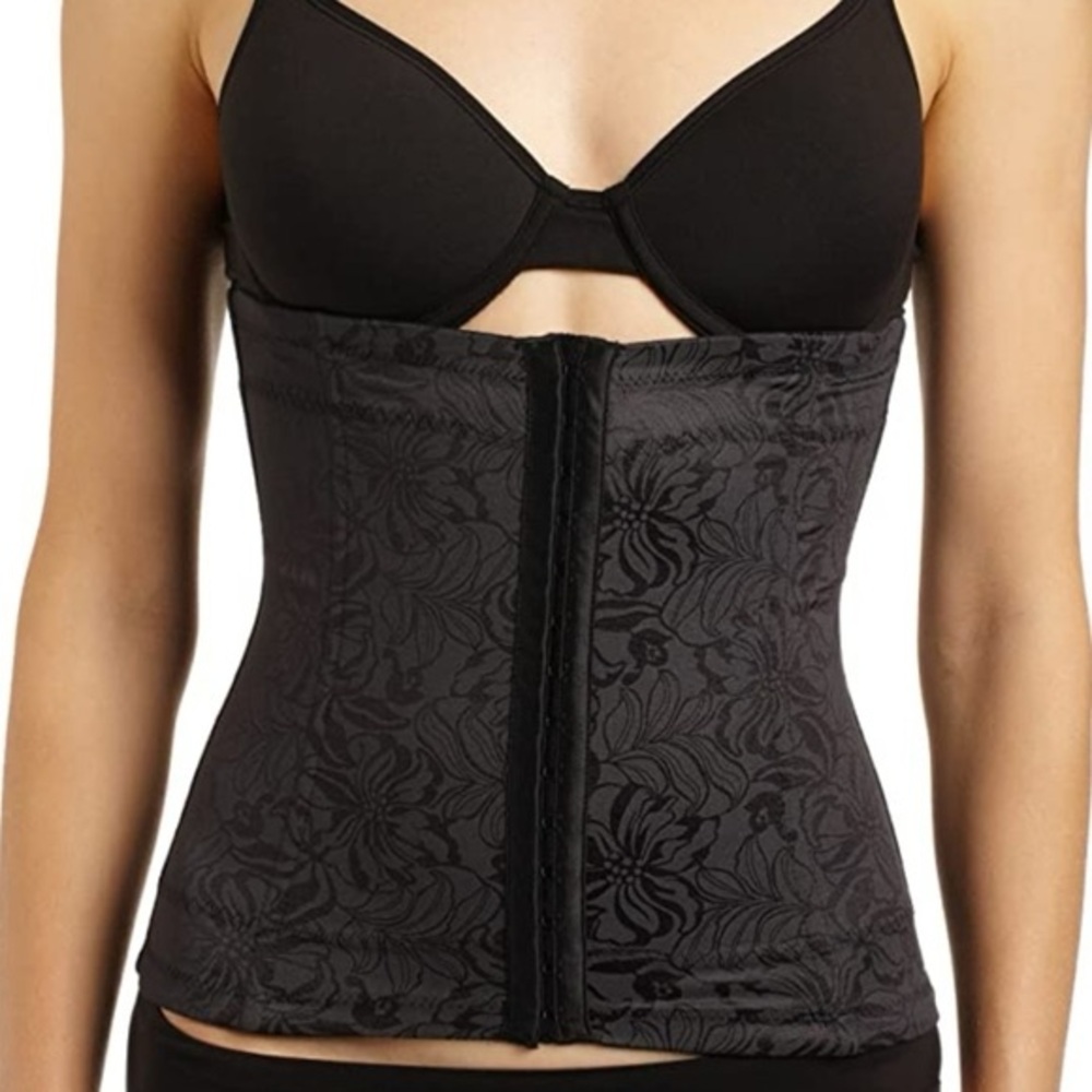 Maidenform Flexee Waist Cincher Girdle Tummy Control Black Satin Floral Corset